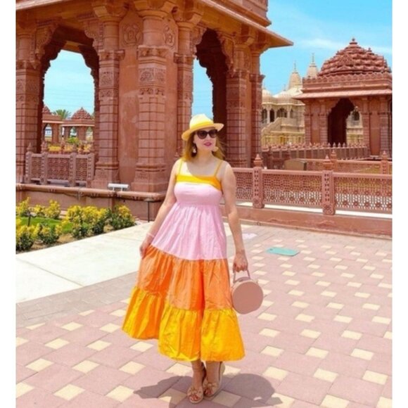 J. Crew Tiered Colorblock Midi Dress Women 12 Sherbet Pink Peach Peasant Prairie - Picture 1 of 13